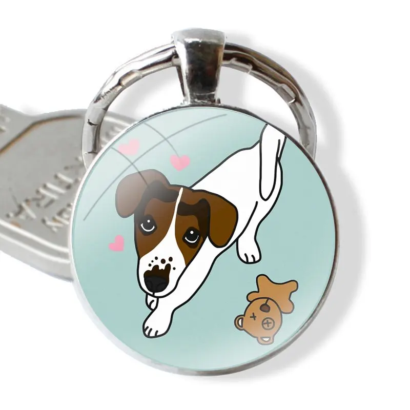 Jack Russell Terrier Dog Keychain Handmade Glass Cabochon Key Ring Holder Pendant Key Chains