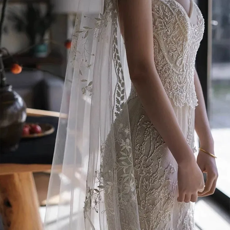 

Винтажная кружевная фата с пшеничными ушками, основное свадебное платье, головной убор в стиле Морі