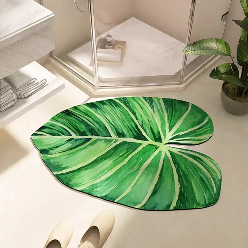 Modern Floral Door Mat Green Plant Bathroom Floor Mat, Bathroom Absorbent Floor Mat Household Irregular Door Mat Area Rug