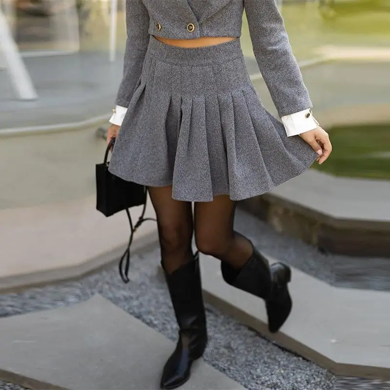 

Elegant Grey A-Line Skirt Set Long Sleeve Fashionable Women's Outfit Autumn 2025 Classy Style Cross-Border Women's Ensemble