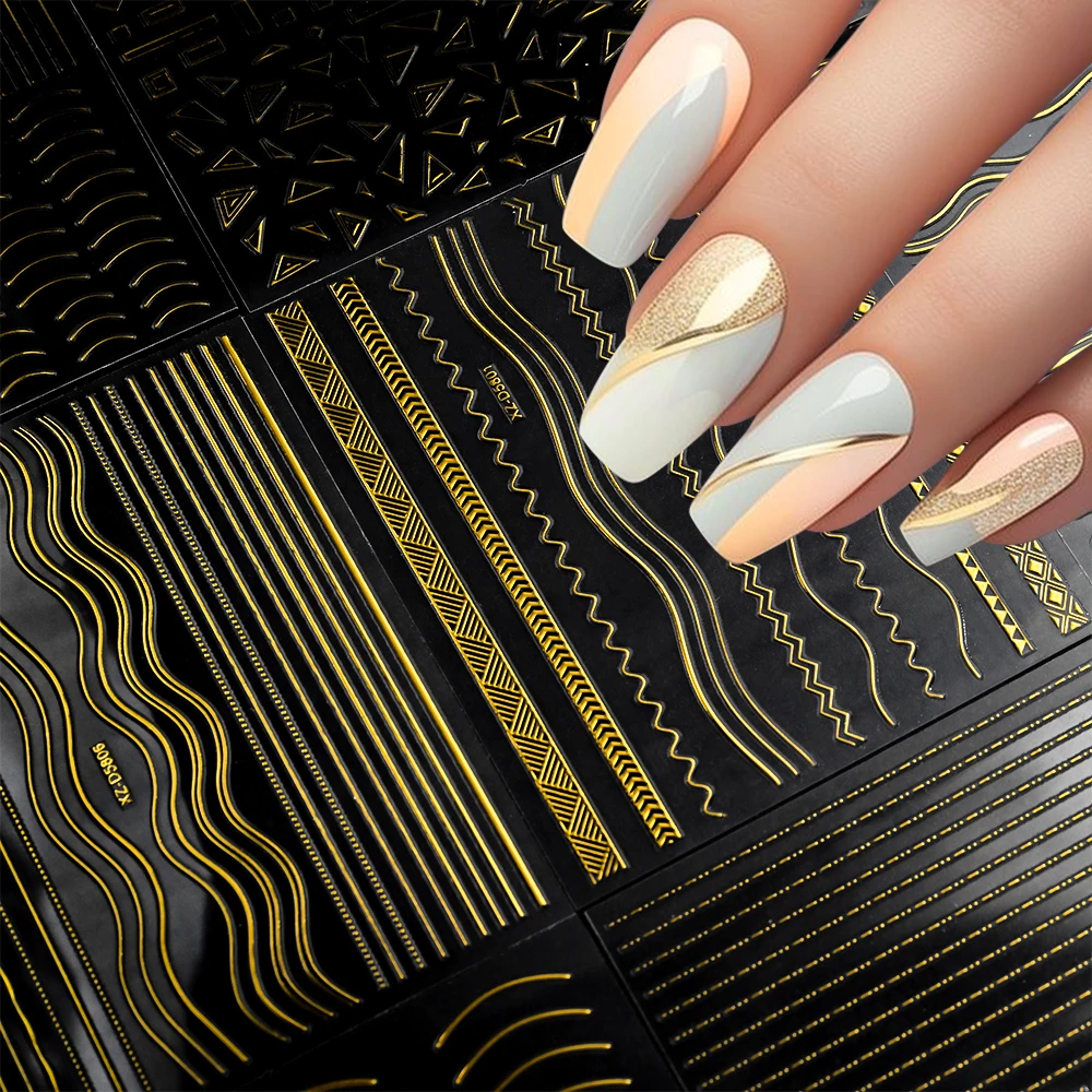 1Pcs 3D 골드 프렌치 라인 네일 스티커 금속 곡선/기하학적 스트라이프/웨이브 자체 접착 데칼 럭셔리 매니큐어 장식 슬라이더