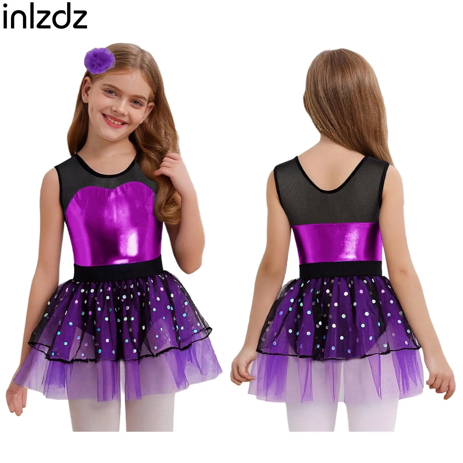 

Kids Ballet Dance Set for Girls Sheer Mesh Metallic Bodice Tulle Tutu Dress Headwear Set for Gymnastics Figure Skating Dancewear