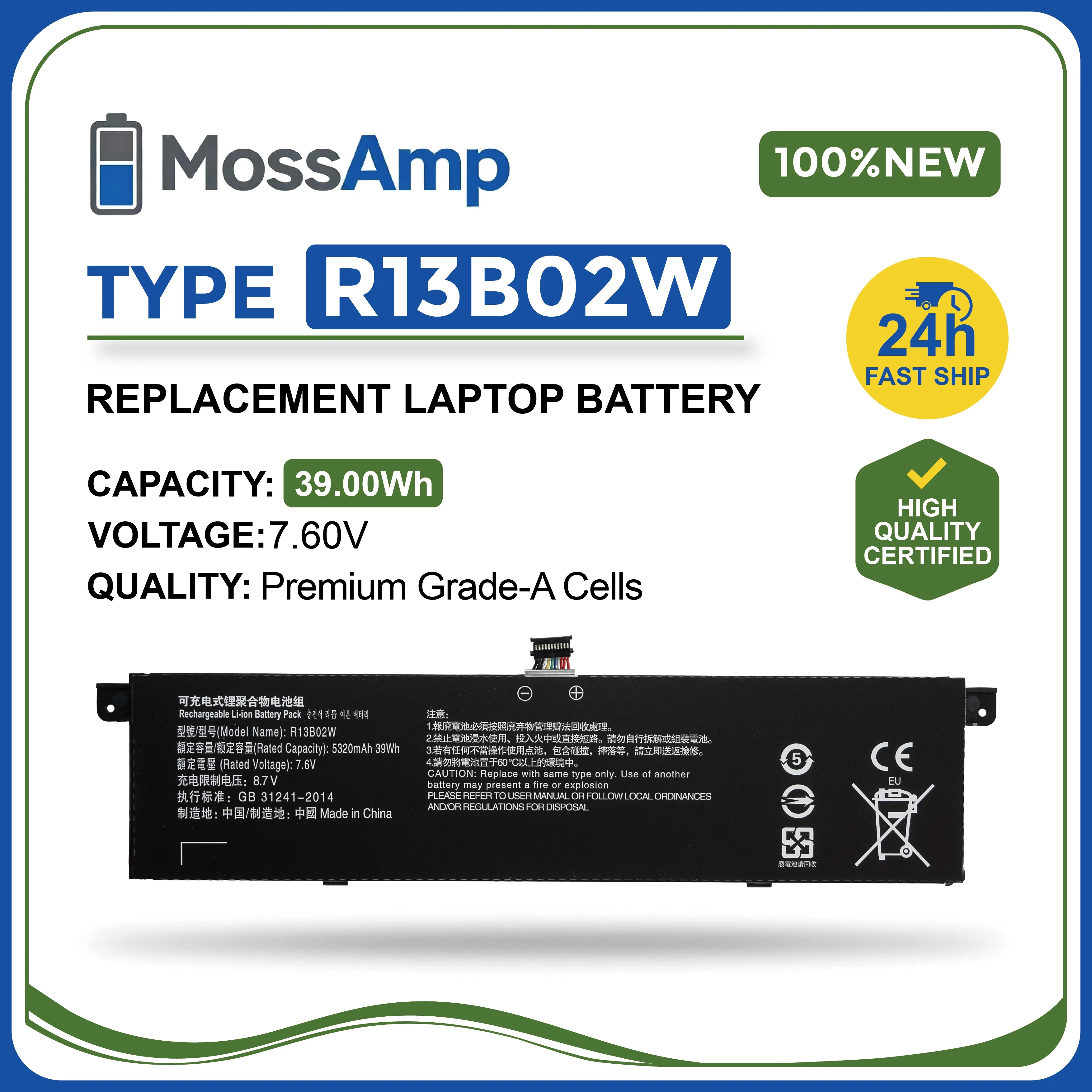 

MossAmp B13B01W R13B02W Laptop Battery for XIAOMI Air 13.3 inch 161301 TM1613 1604 1703