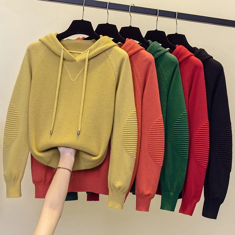 New mink sweater women's pure color knitted pullover full sleeves hooded cashmere sweater fashion all-match Home style V1658