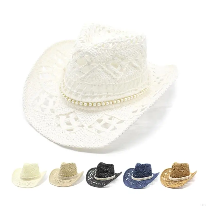 

P88B Female Cowgirl Straw Hat Summer Outdoor Straw Wide Brimmed Hollowed Sun