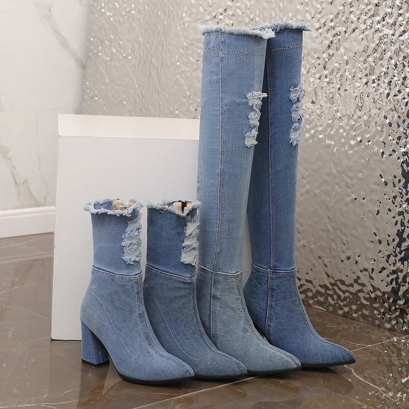 

Sgesvier Brushed Denim Jeans Blue Stretch Socks Botines Sexy Block High Heels Ladies Ankle Short Shoes Over-the-knee Long Boots