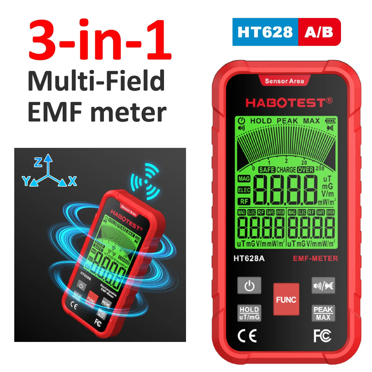 HT628A/B EMF Meter 3-in-1 Professional Electromagnetic Field Radiation Detector Handheld Portable Radio Frequency Warn Meter