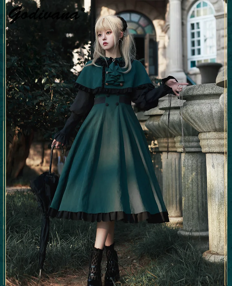 Original Cla Black and Green Contrast Color Op Dress with Cape 2 Piece Set Lolita Spring and Autumn Women\'s Retro Long Dress Set