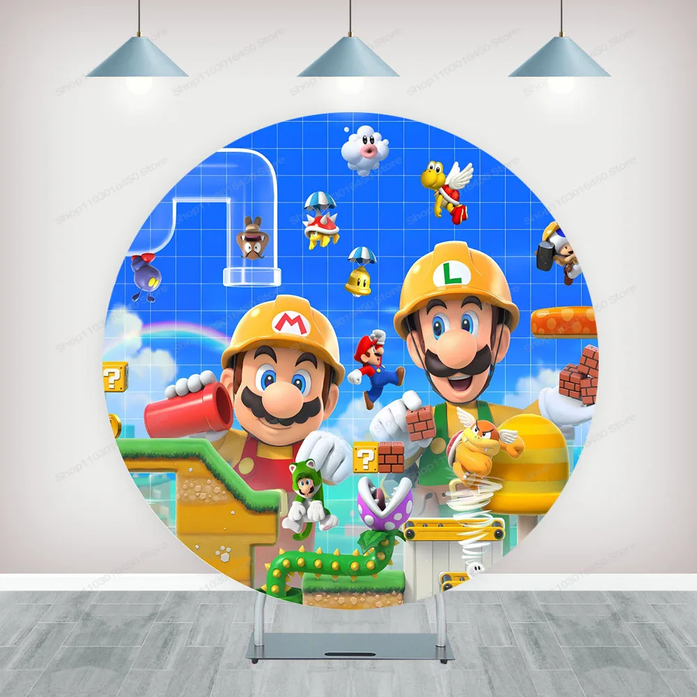 Super Mario Brothers Round Backdrop Elastic Circle Baby Shower Game Cartoons Birthday Party Background Cylinder Decoration Props