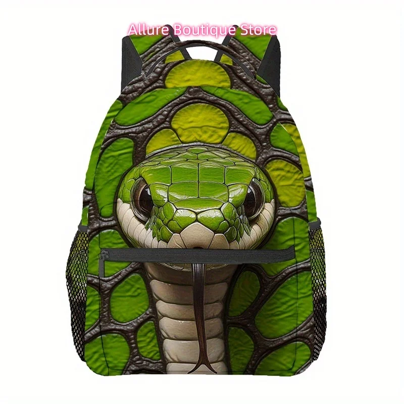 Green Dragons (3) Aboriginal Style Snake Print Backpack - Lightweight Foldable Daypack with Adjustable Padded Straps, Durable Po