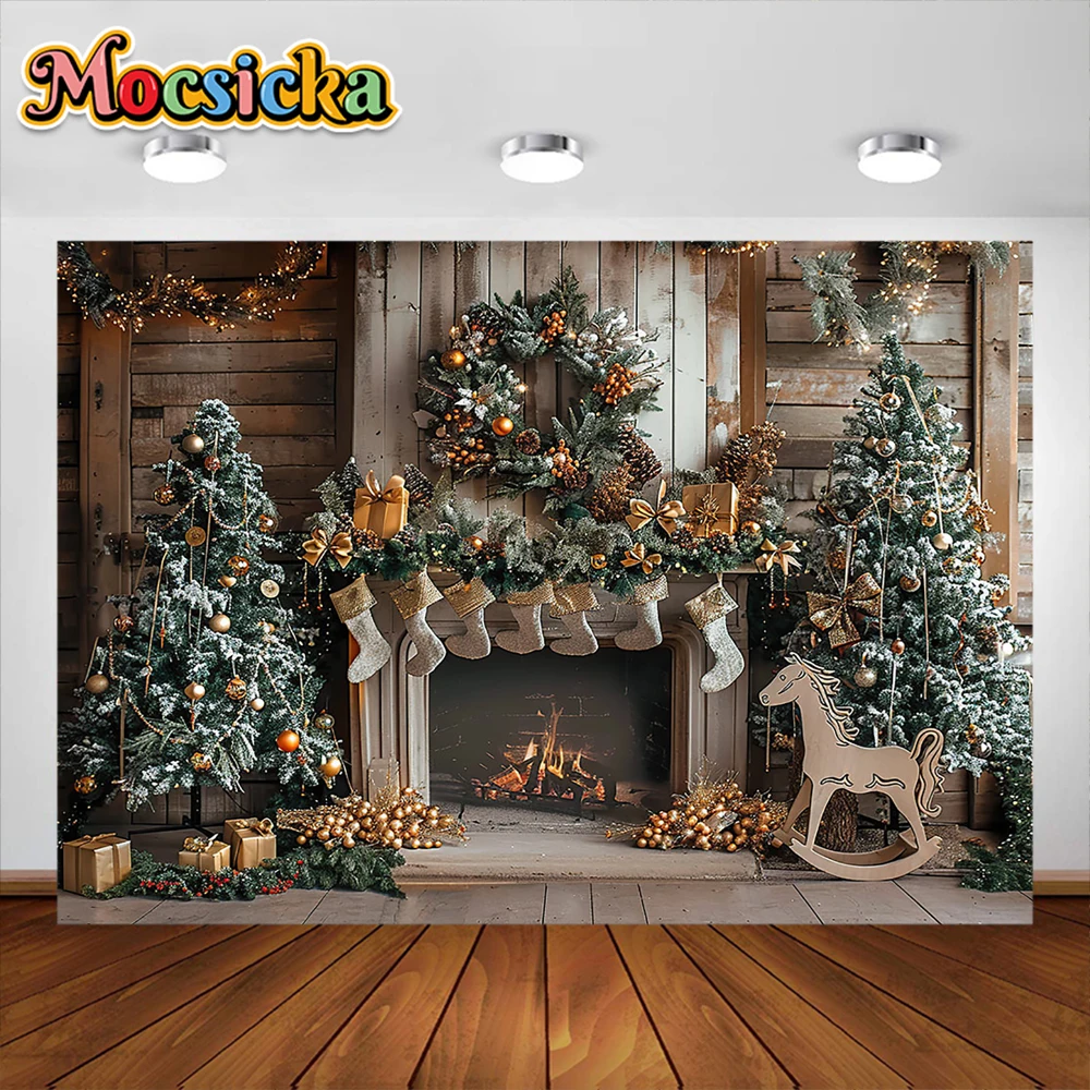 Christmas Fireplace Photography Background XMAS Tree Toy Rocking Horse Party Decoration Boy Girl photo Backdrop For Studio