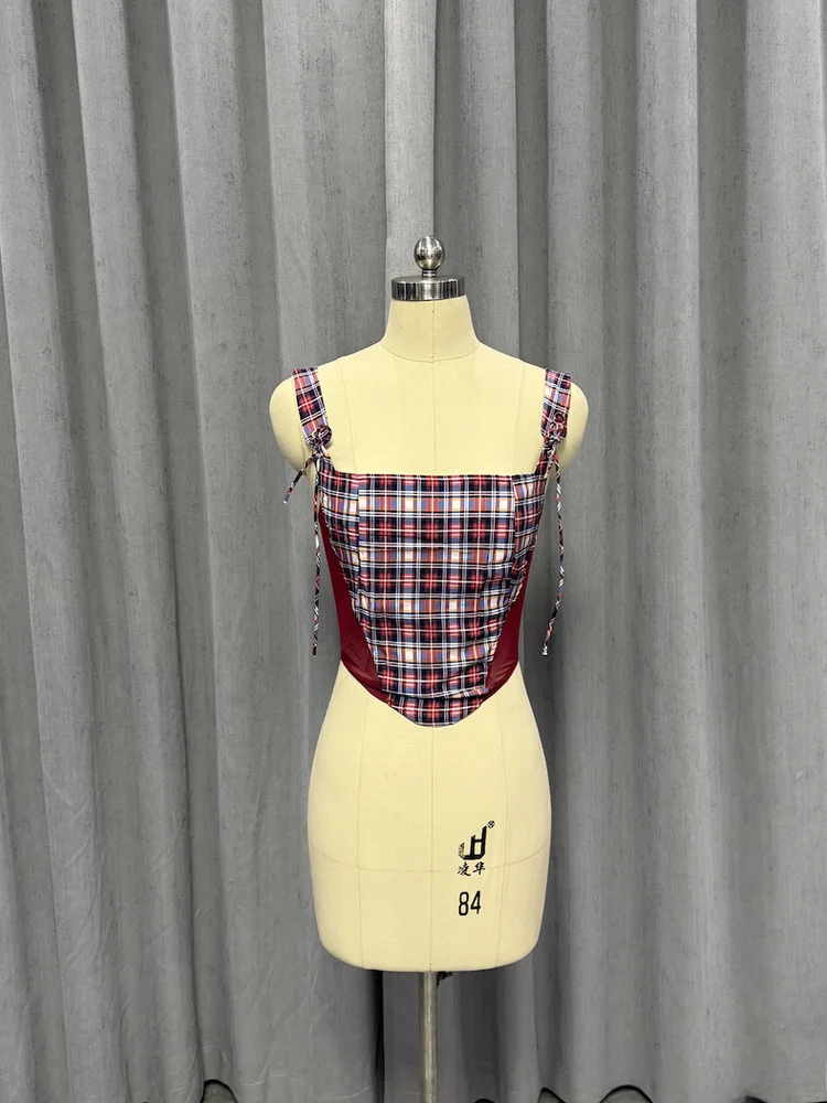 Cseta Regata de Verão com Estampa de Xadrez e Laço em Forma de Borboleta para Mulheres Jovens Estilo Retrô em Fibra de Pol...