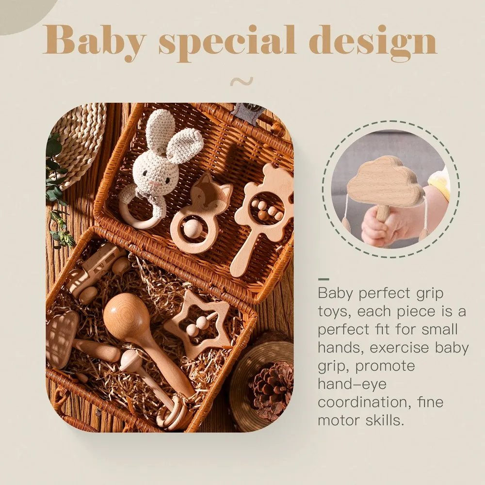 8Set Baby Toys Wooden Threading Toys Baby Teether Music Rattle Wood Crochet Bead Bracelet BPA Free Kids Newborn Gifts