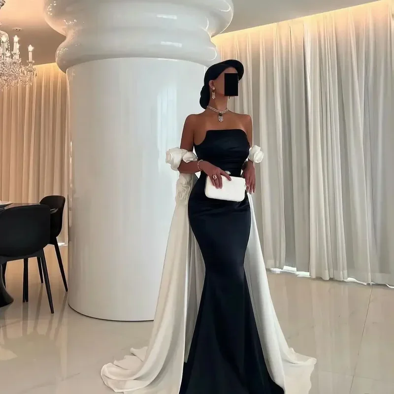 Indie Customized Saudi Arabia Black White Evening Dresses Prom Gowns Pleated Ankle Length Zipper Party Dress Vestidos De