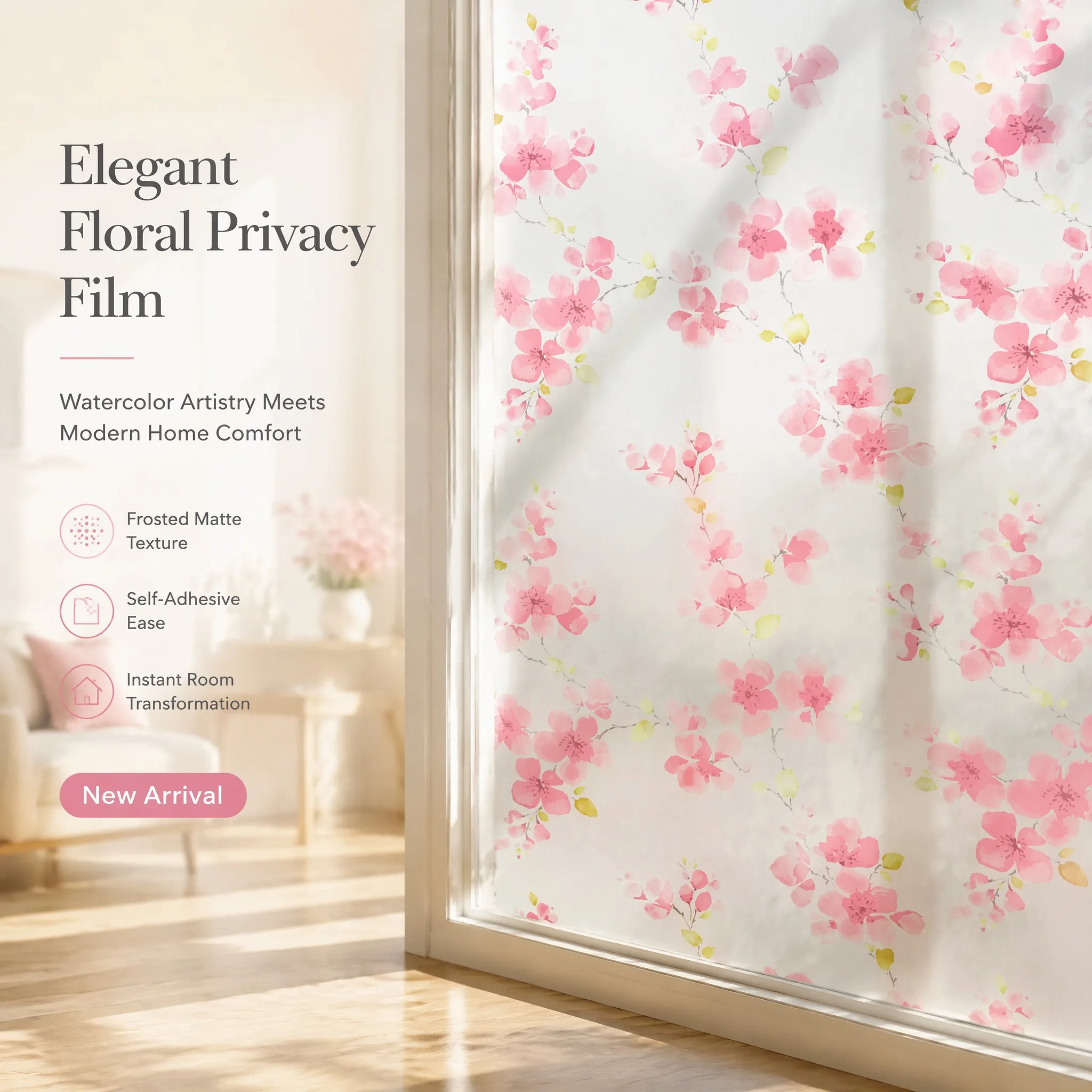 Romantic Watercolor Pink Cherry Blossom Sakura Branch Self Adhesive Matte Frosted Window Film 100% Full Privacy Protection Water