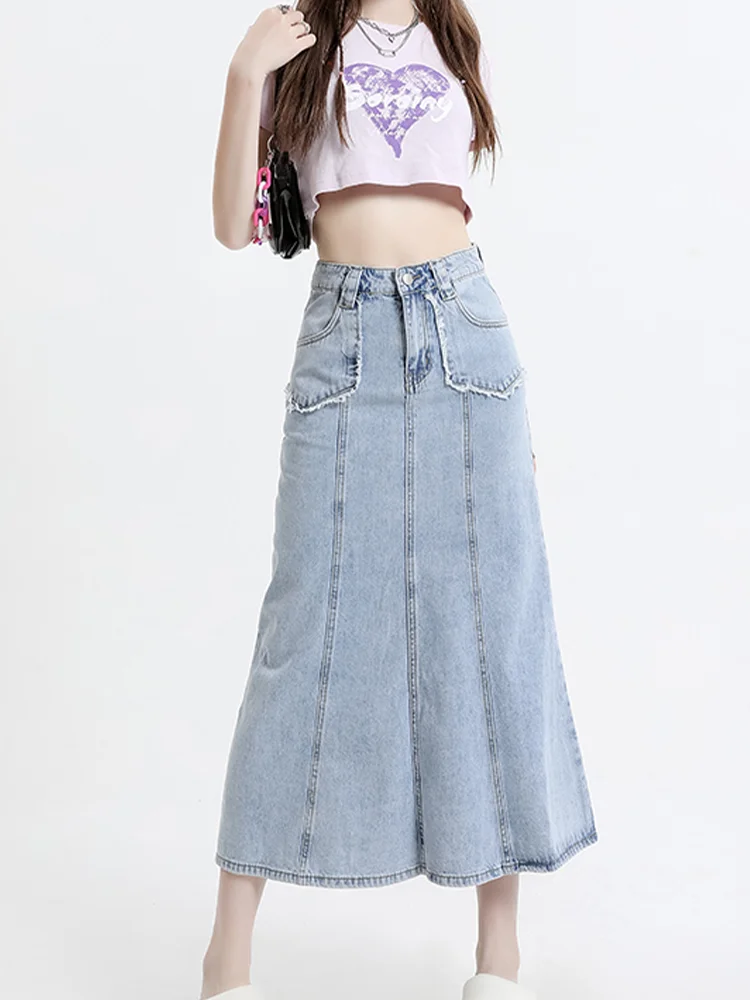 

2024 Blue Denim Half Skirt Women's Slim Covering Crotch and Hip Covering Skirt Y2k New High Waist Slim Skirt Baggy Denim Trouser