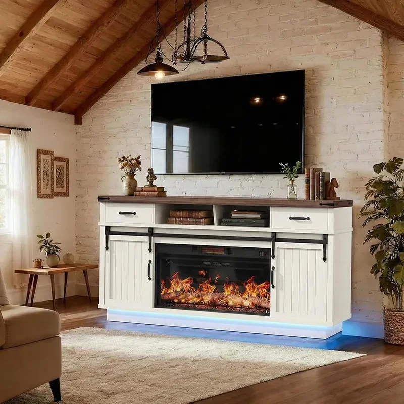 58 Farmhouse Electric Fireplace TV Stand for TVs up to 65 Entertainment Center with 2 Large Storage Drawers Sliding Barn