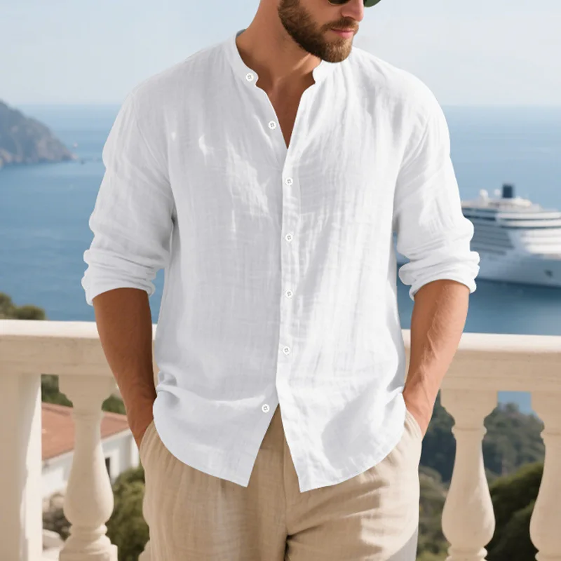 

Cross-border European, American Spring and Autumn New Linen Stand-Up Collar Casual Men's Hawaiian Henry Button Long Sleeve Shirt