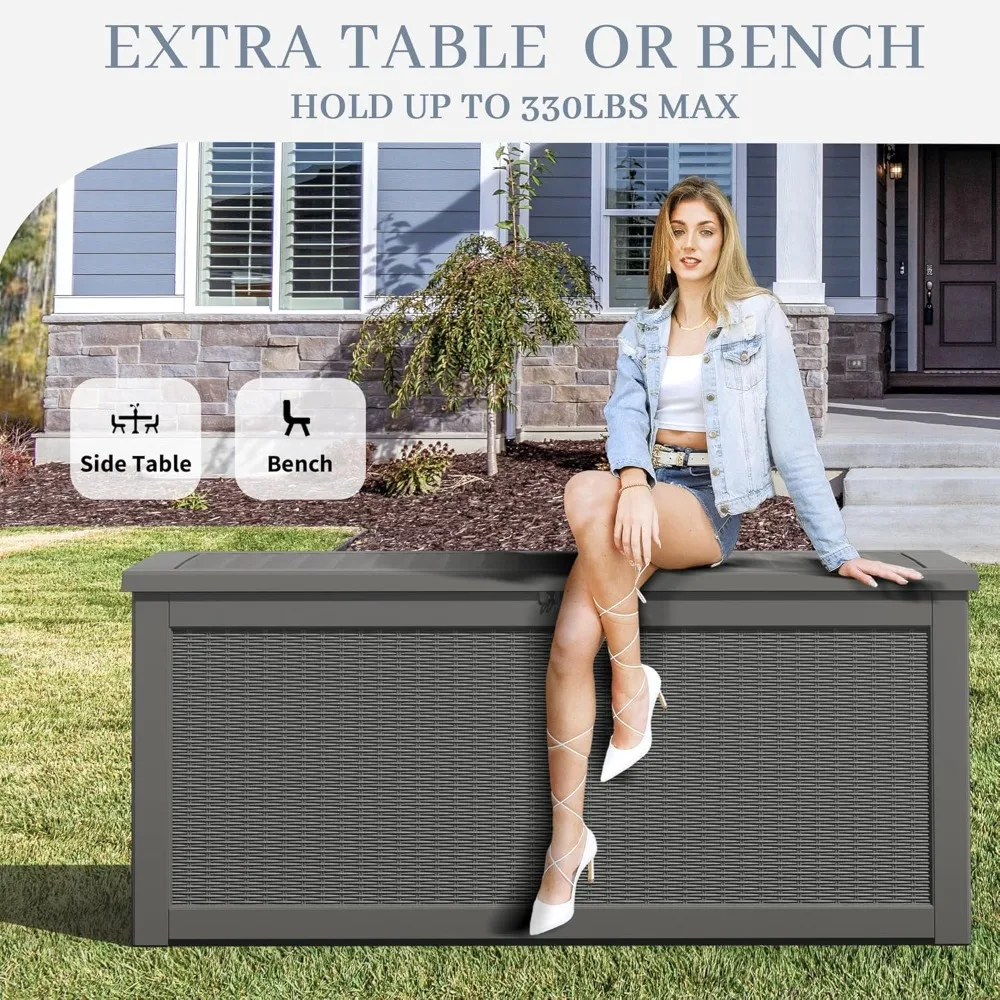 

260 gallon outdoor storage box, resin large sturdy deck box, waterproof double wall backyard storage box