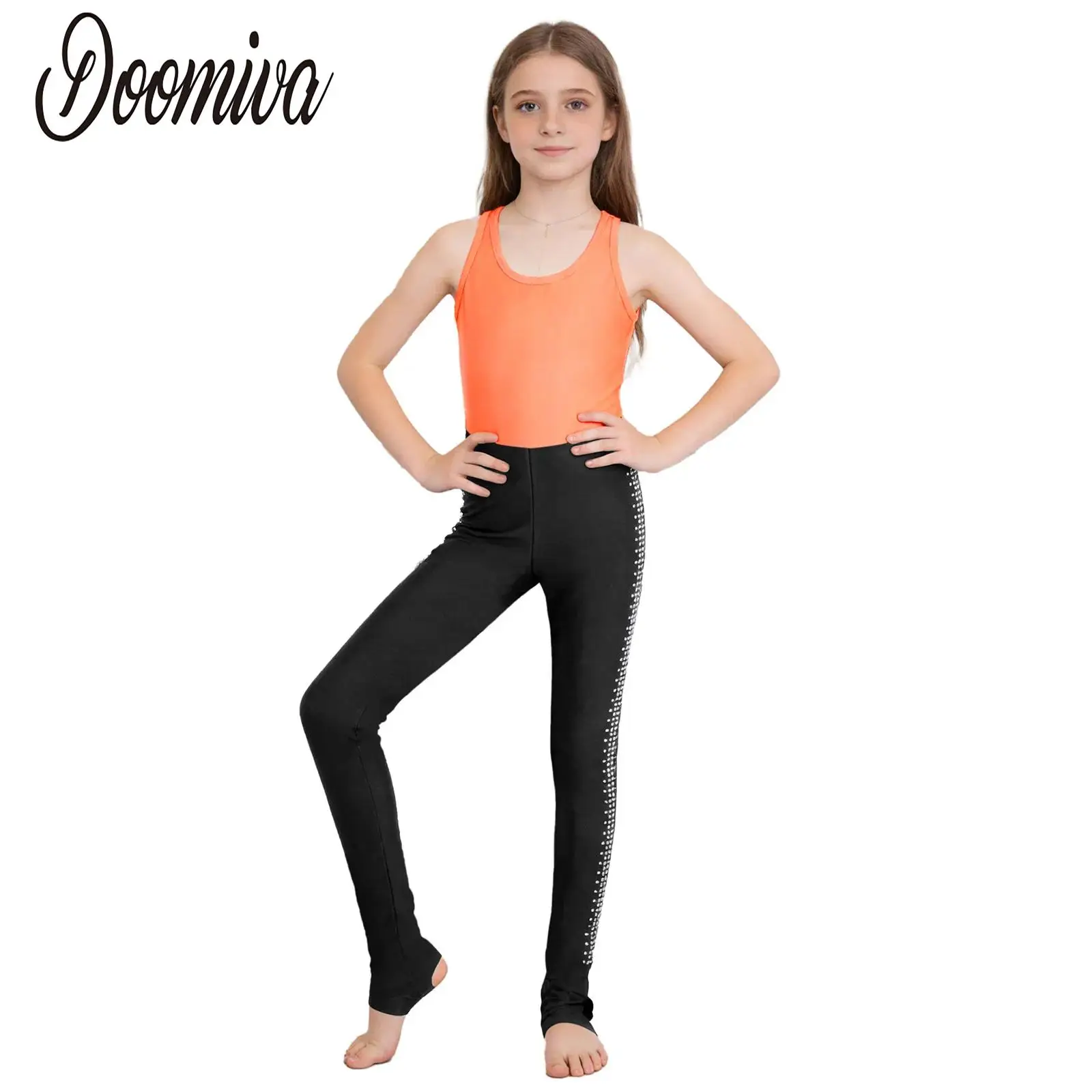

Kids Girls Ballet Gymnastics Rhythmic Jumpsuits Skating Dance Wear Sleeveless U Neck Rhinestones Color Block Stirrup Leotards