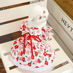 Pet Summer Flying Sleeve Dress Flower Bow Plaid Princess Dresses For Small Dog Cat Fashion New Lace Ruffles Puppy Clothes