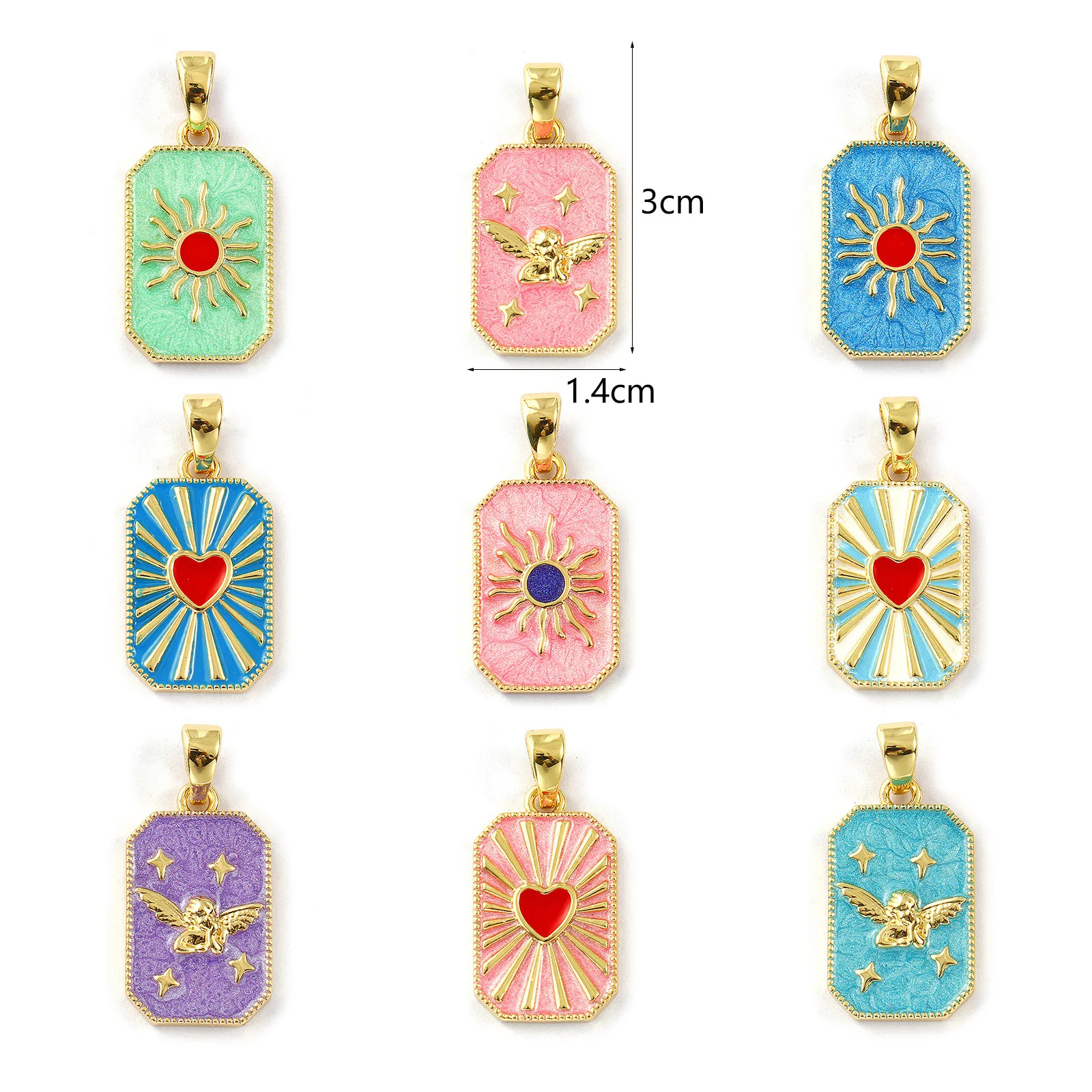 2PCs Brass Pendants 18K Gold Plated Enamel Octagon Pearlescent Sun Heart Star Angel Pendants For Necklace DIY Making 3cm x 1.4cm