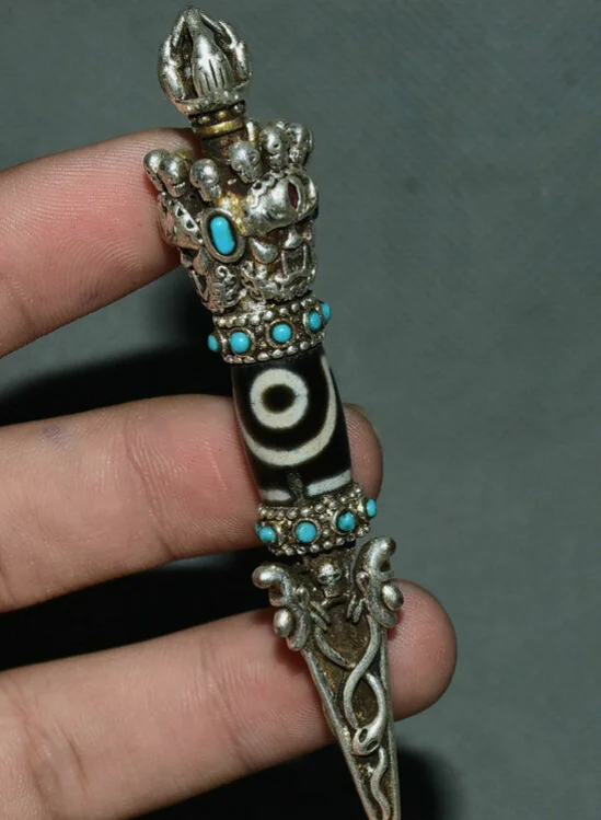 Tibet Natural Agate Silver Mahakala Wrathful Deity Buddha Phurba Dagger Holder