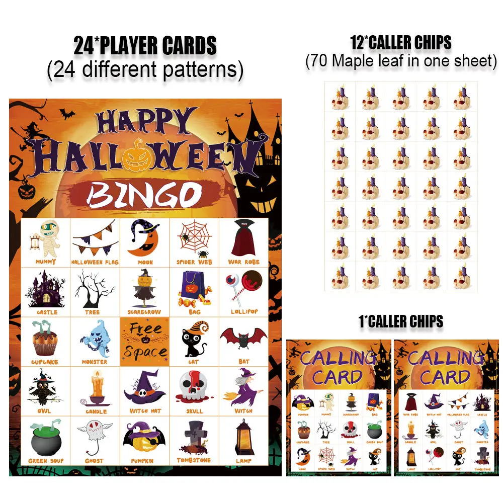 Gorąco sprzedający się zestaw kart do gry Bingo na Halloween dla 24 osób do zabawy na imprezę Gry planszowe Karty do gry Bingo Prezent dla dzieci