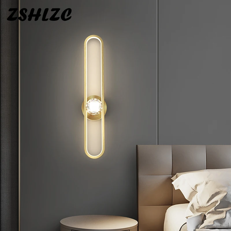 

Postmodern Minimalist LED Copper Wall Light Luxury Black Gold Wall Lamp Living Room Bedroom Background Long Sconce Bedside Light