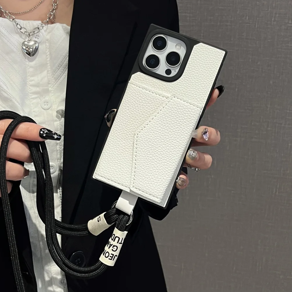 Casing Ponsel Saku Dompet Kartu Tas Kulit Modis untuk iPhone 16 15 14 13 12 11 Pro Max Sampul dengan Tali Penyandang