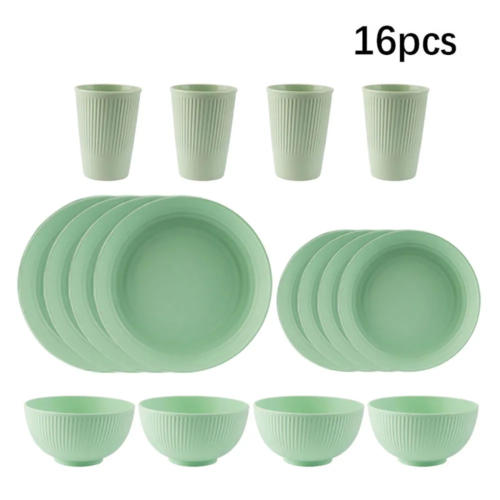 4/16Pcs Mint Green Wheat Straw Cutlery Bowl Saucers Plate Sets Portable Picnic Dinnerware Sets Camping Dishes Full Tableware