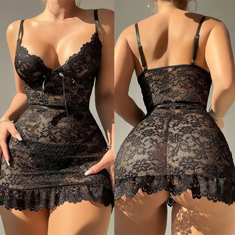 Women Floral Lace Bra Set Sexy Nightwears+Thongs Transparent Lace Mini Dress Sheer Erotic Shapewear Night Dress