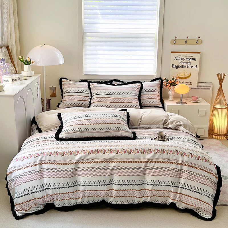 2025 New Washed Cotton Printed Single Quilt Cover Hepburn Style French Black Lace Duvet Cover AB Version Bedding 150x200 200x230