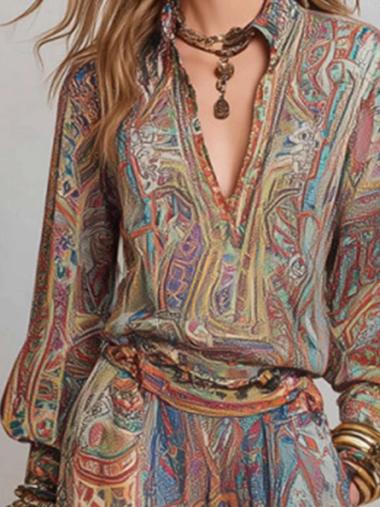 

Vintage Paisley Print 2 Piece Set Women Boho Long Sleeve Shirt High Waist Wide Leg Pants Casual Vacation Outfit