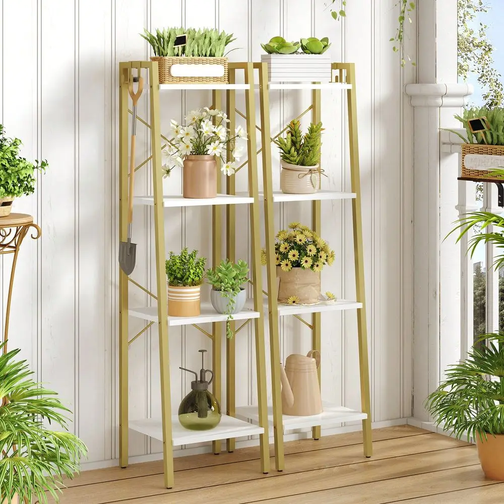 

4 5Tier Ladder Shelf, Bookshelf Bookcase, Freestanding Corner Storage Shelve With 2 Hooks For Home Office, Living Room, Kitchen