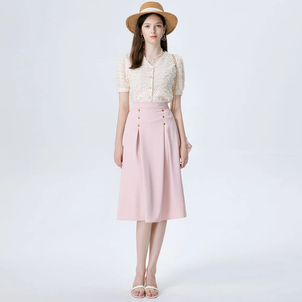 Ladies Sweet Pink Ruffles Skirts 2024 New Spring Summer Duoble Breasted Elegant Apricot A-Line Skirt OL Style Black Midi Skirts