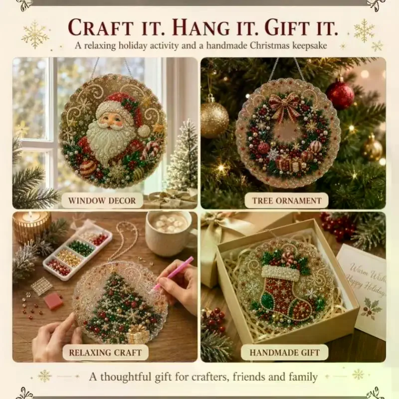 3D Christmas Pearl Rhinestone Painting Kit DIY Craft Metal Chain Festive Window Wall Pendant Decoration