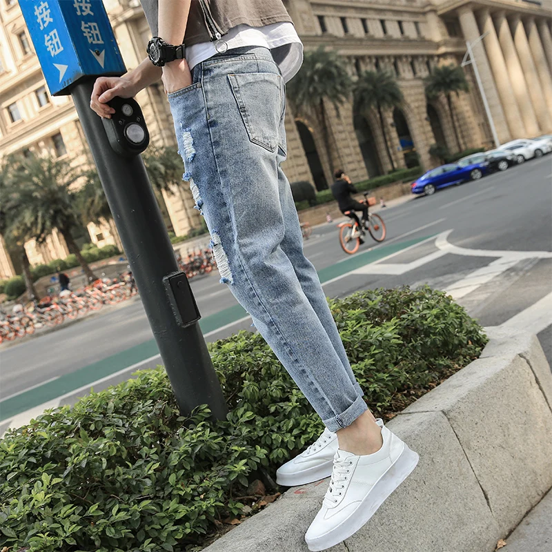 Jean bleu déchiré pour homme, pantalon moulant en Denim, extensible, taille élastique, Streetwear, 2023