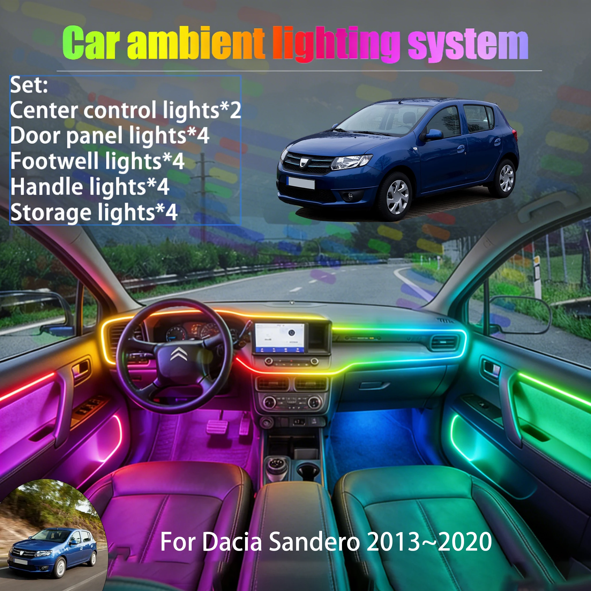 

Для Dacia Sandero 2013~2020 MK2: Комплект светодиодной подсветки салона и багажника 2/18 в 1, USB RGB, с эффектом бегущей волны, автозапчасть