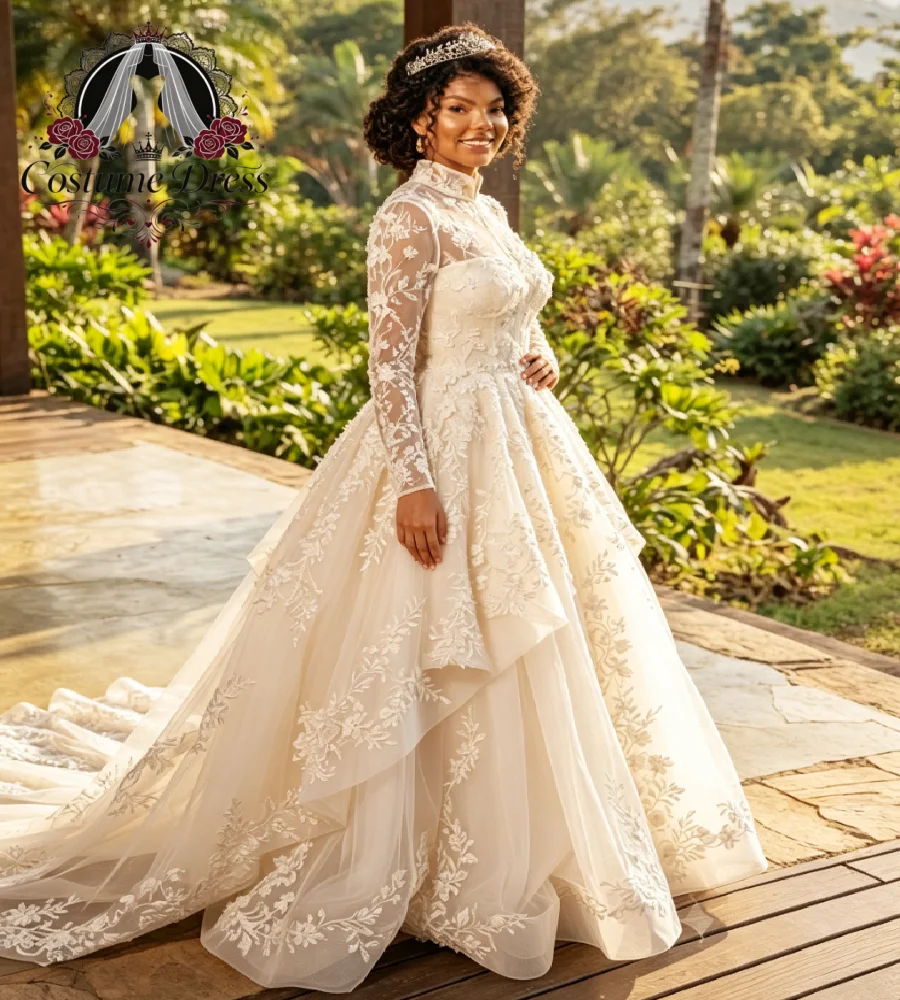 Romantic High Neck African Wedding Dress 2027 Long Sleeve Lace Tiered Ruffles Garden Bridal Gown Chapel Train A Line Customized