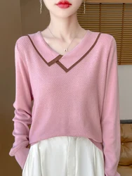 Autumn Winter New Women 100% Merino Wool Sweater Irregular Turndown Collar Pullover Cashmere Knitwear Long Sleeve Bottoming Tops
