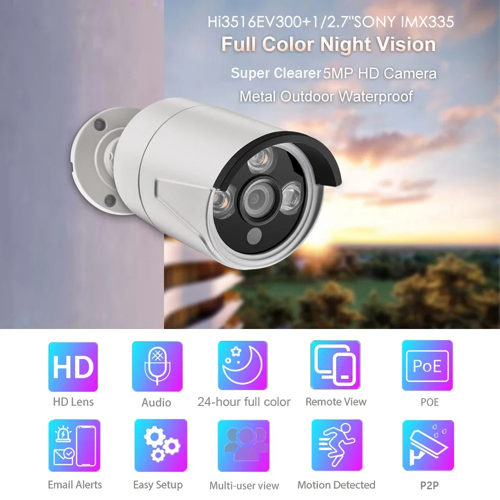 Bullet Metal 5MP IPカメラ SONY IMX335 ナイトビジョン 屋外用 オーディオ 顔検出 ビデオ監視