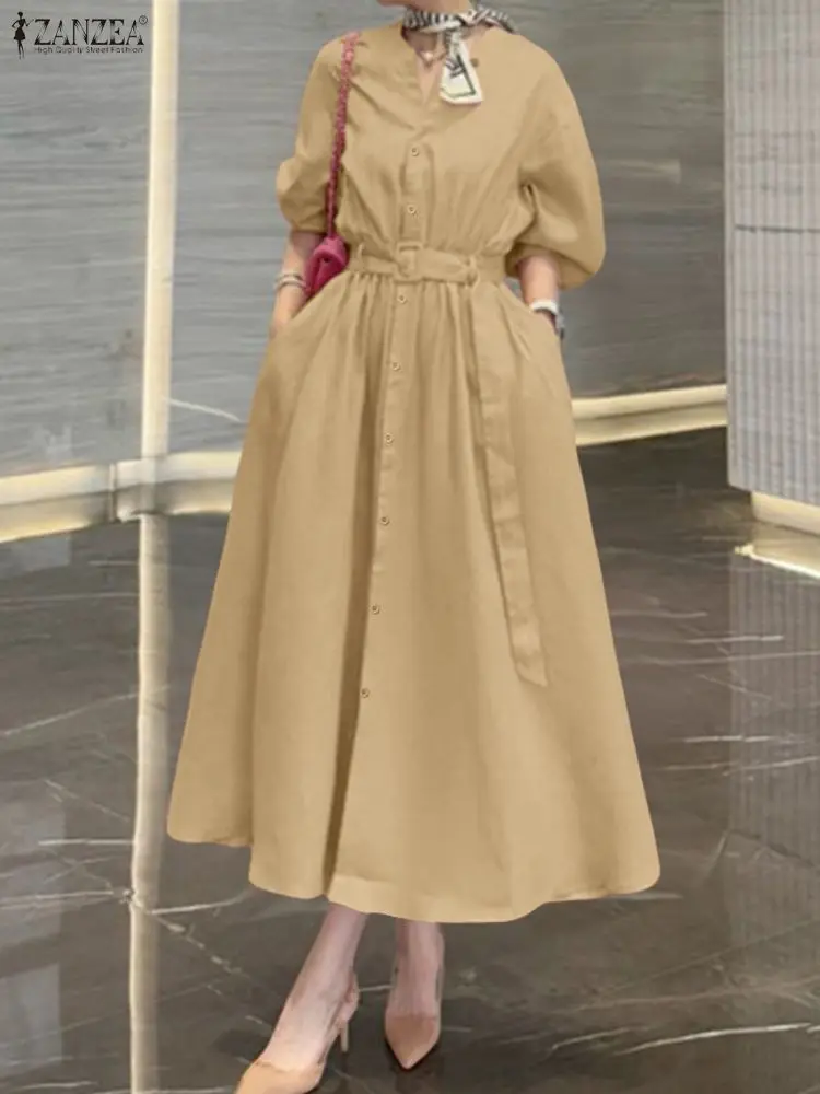 

ZANZEA Women Elegant Belted Maxi Dresses 2025 Autumn V-Neck 3/4 Lantern Sleeve Solid Color Long Dress Casual Commuting Wear 3XL