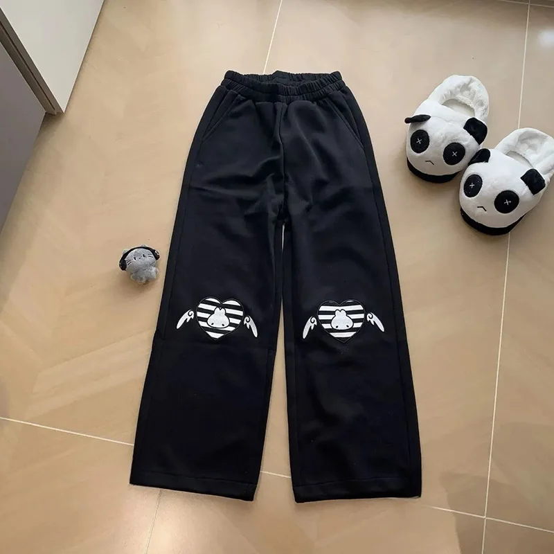 

Брюки Y2K в японском стиле с милым рисунком, женские весенне-осенние новые свободные черные широкие брюки с высокой талией, повседневные женские брюки