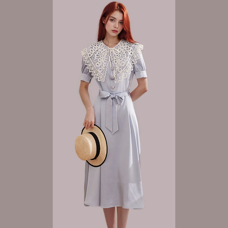 High end French exquisite dress with vacation style embroidered patches for slimming waist and tie up dress dress