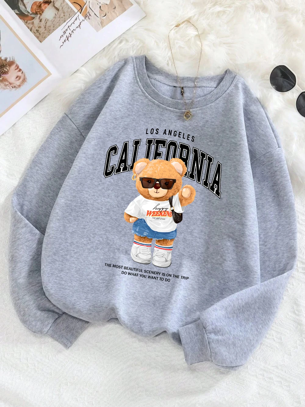 Autumn Winter Womens Pullover California Letter Trend Bear Printing Hoodie Loose Crewneck Warm Fleece Sweatshirt Street Clothing