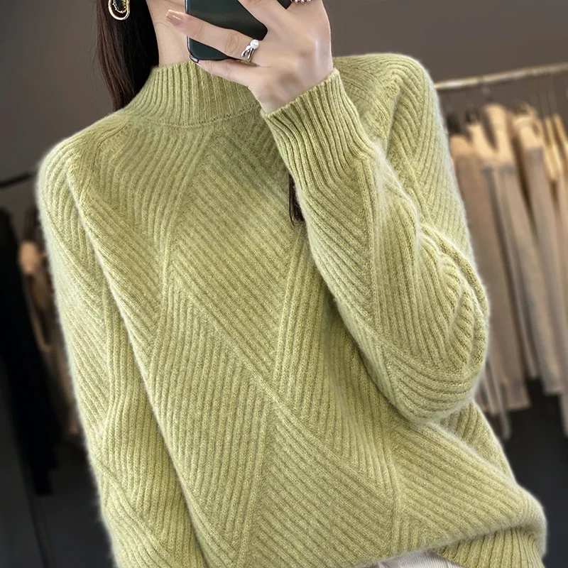 LDZWSM Women Solid Half High Collar Wool Sweater Autumn Winter Loose Plus-Size Knitted Wool Casual Sweater Bottoming Shirt