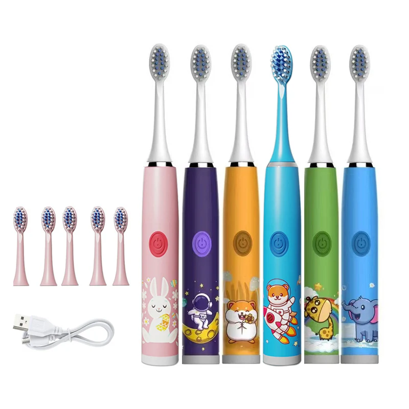 Children Electric Toothbrush 12Pcs Toothbrush Heads Cartoon With Ultrasonic Rechargeable Soft Hair Cleaning Brush for Kids