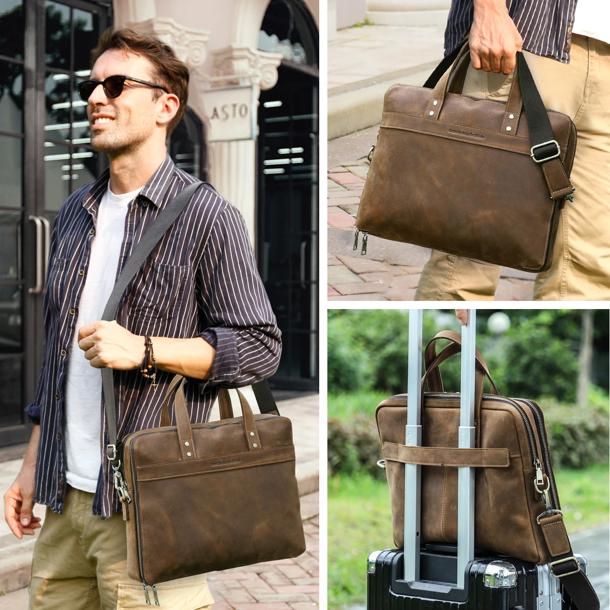 Luxury Genuine Crazy Horse Leather Men Briefcase Laptop Bag 14\'\' Portfolio Business Crossbody Bag Male Document Office Handbag