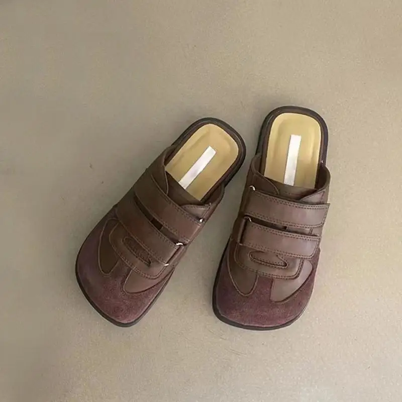 2025 Hot Selling Outerwear Ugly Cute Baotou Half Slippers Retro Color Blocked Square Head Flat Shoes Platform Shoes view 3